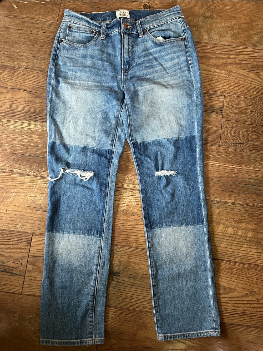 J. Crew Light and Medium Wash Patchwork Slim Broken In Boyfriend